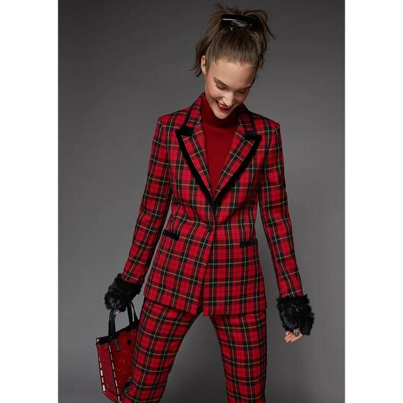 EUC Maje Red Pantya Velvet Piped Plaid Pants Tartan Cropped Check Slim Trouser - Picture 5 of 16